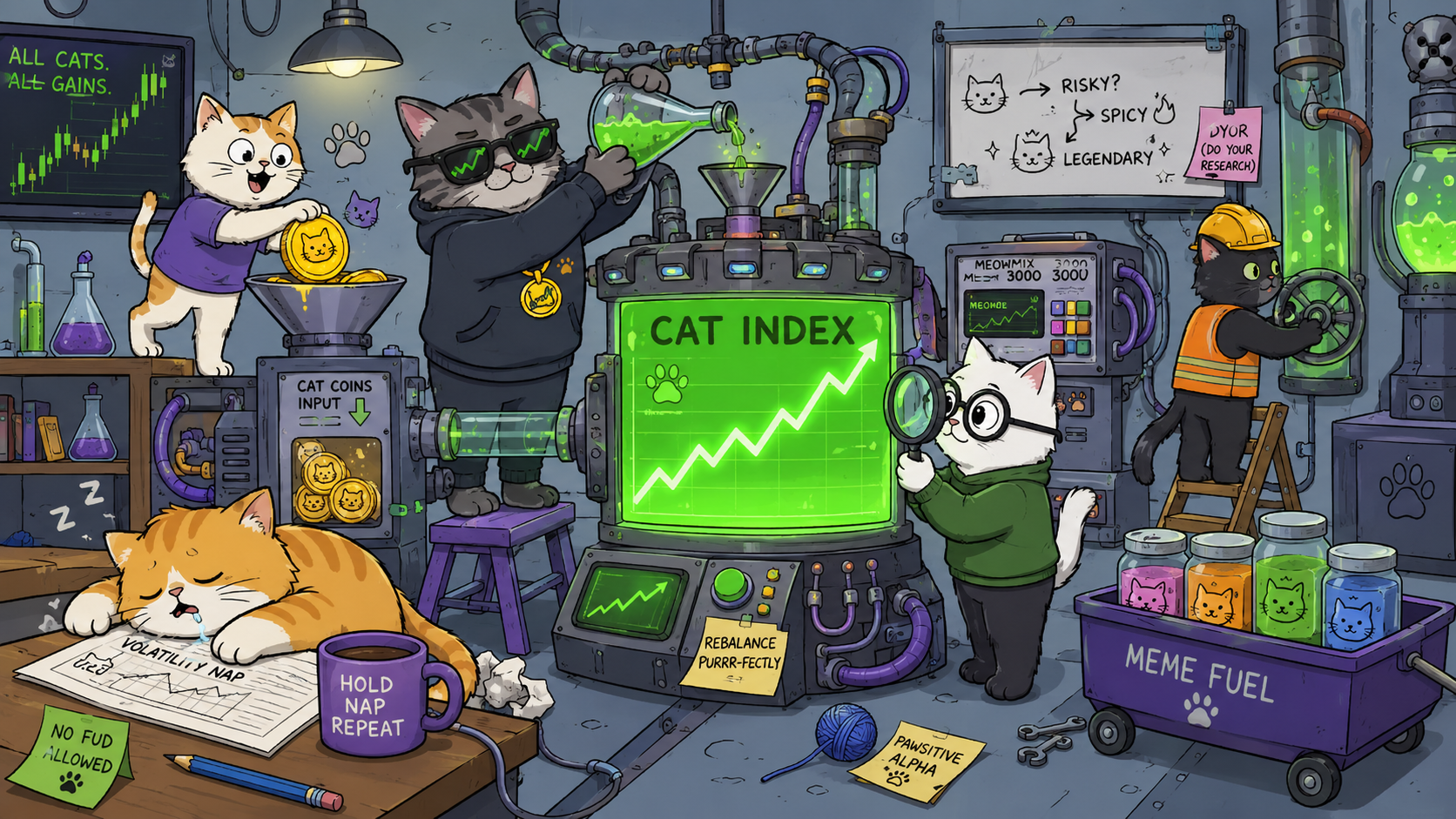 Cats operating the Cat Index machine in a laboratory, pouring coins and green fuel to produce the index